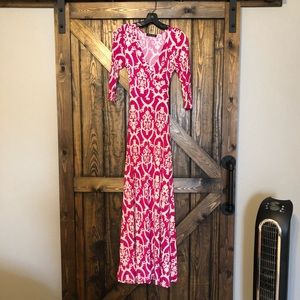 Pink print maxi with tie belt sz small long sleeve
